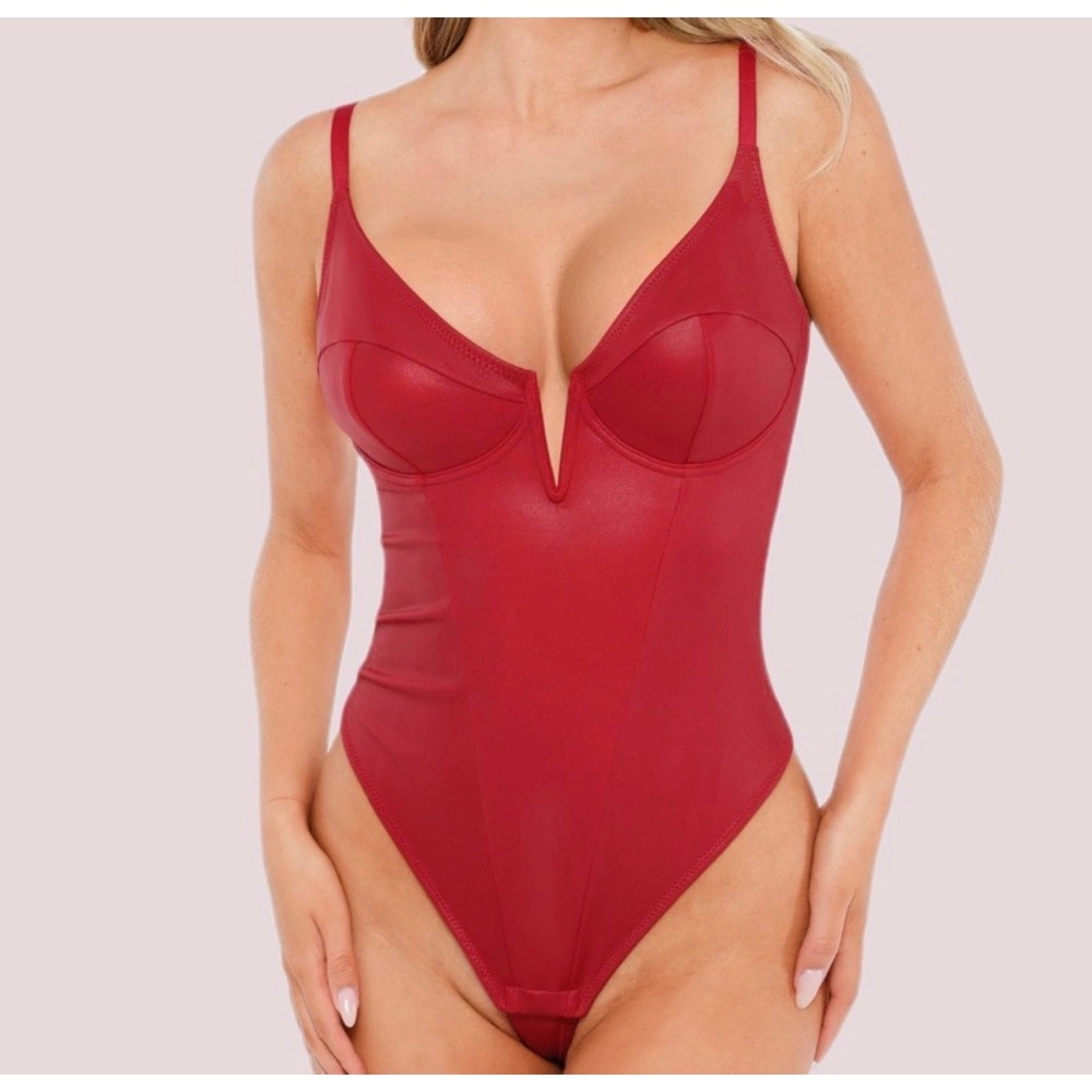 NWT Popilush Red Faux Leather Corset Shapewear Bodysuit Underwire V-Neck Medium‎